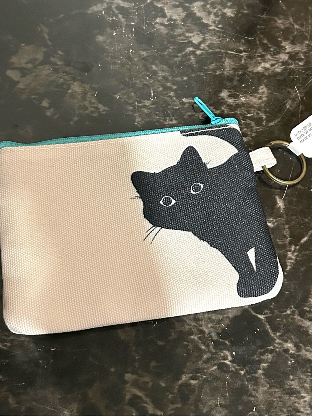 Cat Print Zip Pouch Keychain - Teal and Black